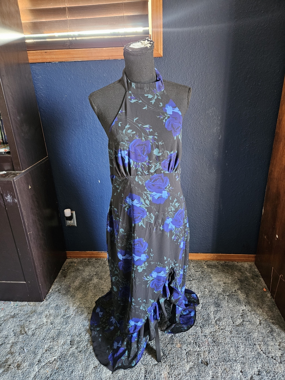 Lulu's Black Halter High-Low Maxi Dress with Blue Floral Print